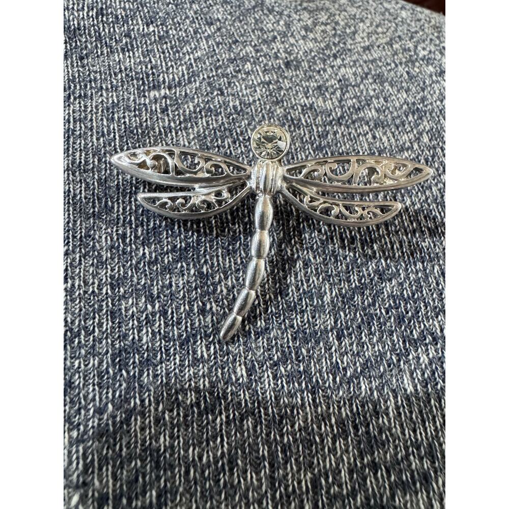 Vintage Premier Designs Dragonfly Brooch – Silver Tone with Crystal Accent